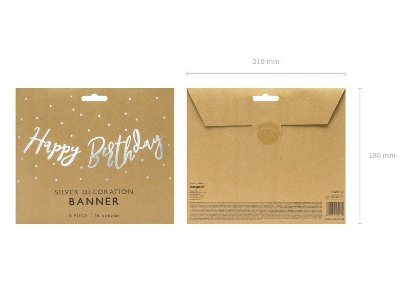 PartyDeco Fahnenbanner Happy Birthday – Silber – 62 × 16,5 cm – Papier – 1 Stk