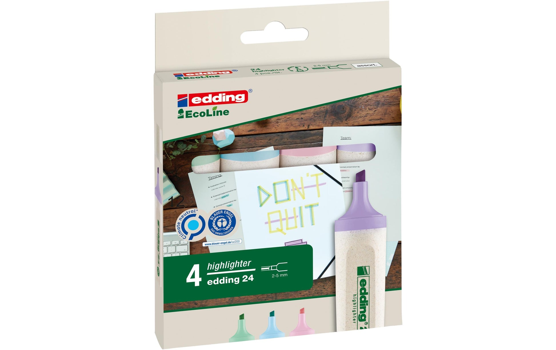 Edding EcoLine Textmarker Set 4 Farben Pastell – Keilspitze, 2–5 mm, nachfüllbar, Blauer Engel