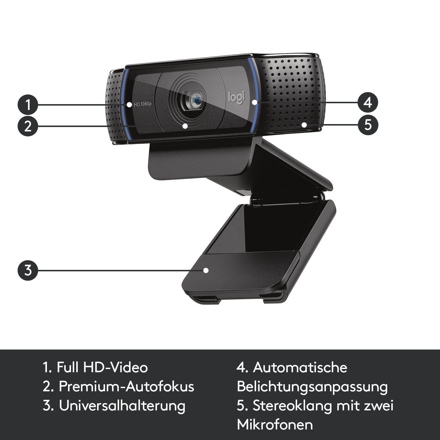 Logitech C920 Webcam – Full HD 1080p, 30 fps, Autofokus, USB 2.0 – Schwarz