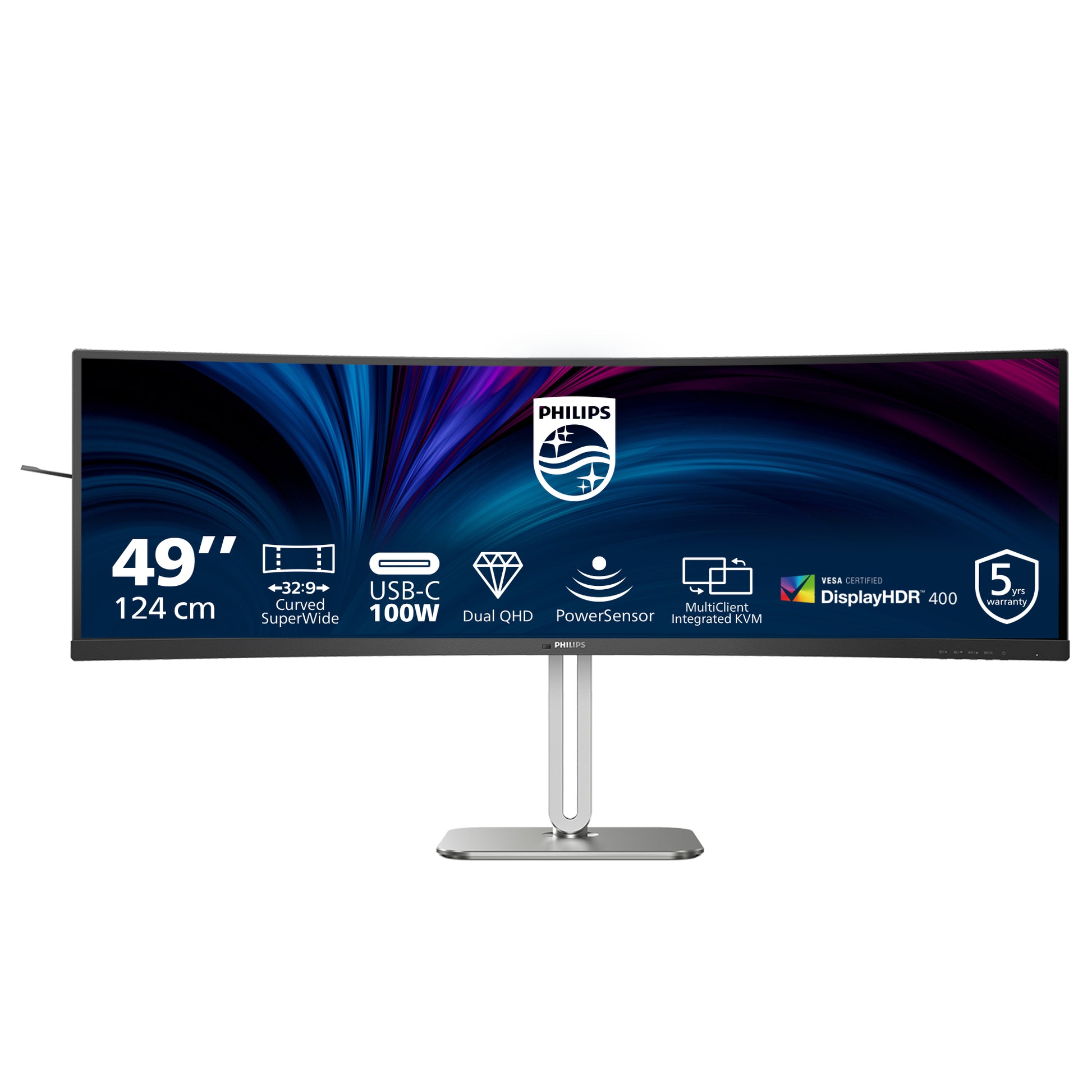 Philips 49B2U5900C/00 – Monitor, 48,8", 75 Hz, 450 cd/m², KVM, Gebogen, Lautsprecher, VESA 100 × 100, Schwarz