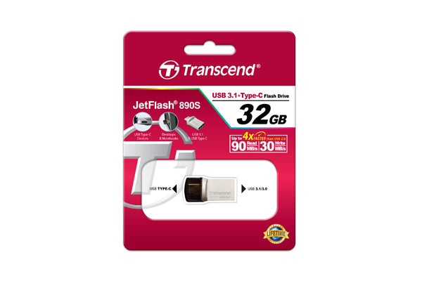 Transcend JetFlash 890 USB-Stick – 32 GB, USB 3.1, COB / USB-A + USB-C / silber
