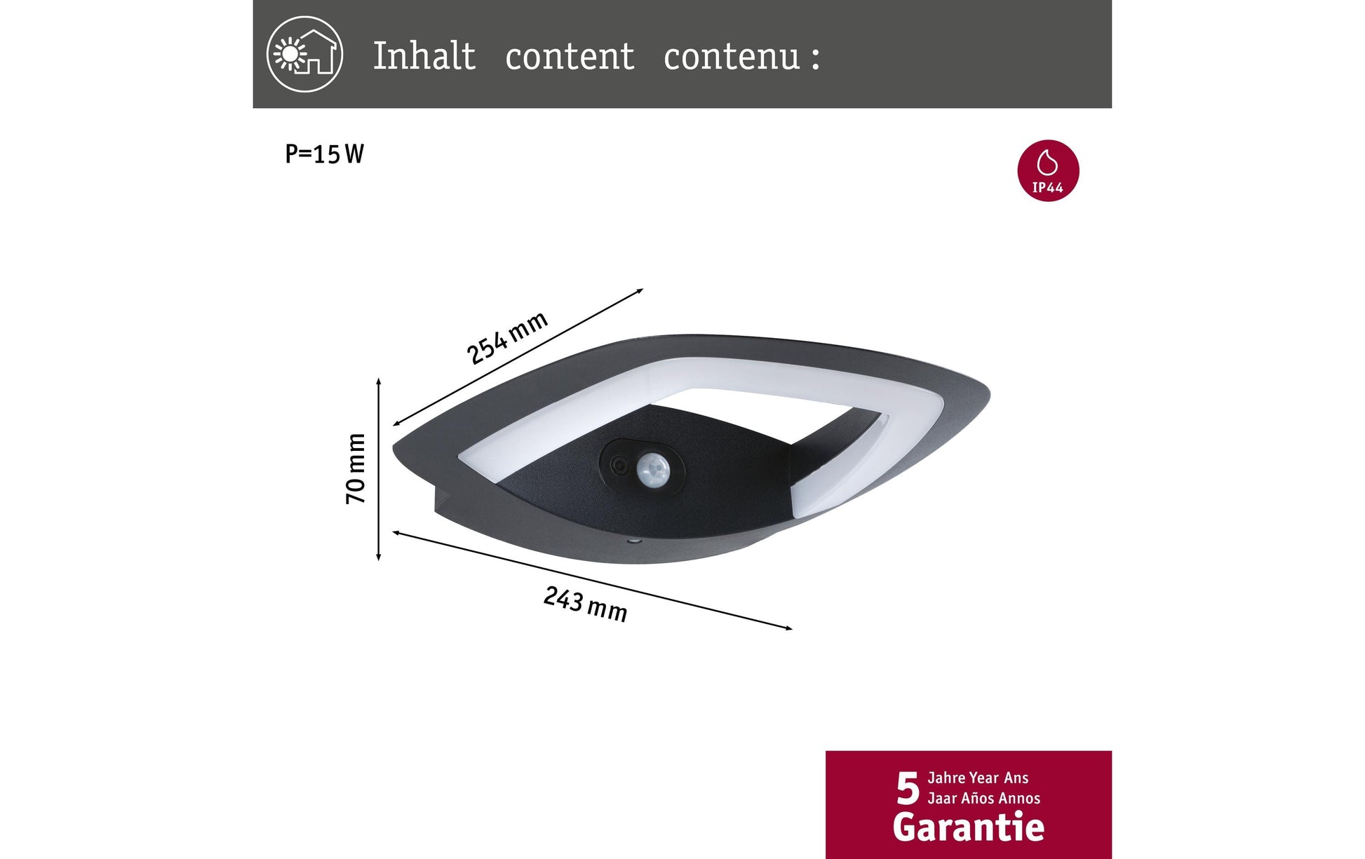 Paulmann Aussenwandleuchte – 2200 K – IP44 – Netzbetrieb – mit PIR-Bewegungsmelder – Anthrazit – Aluminium