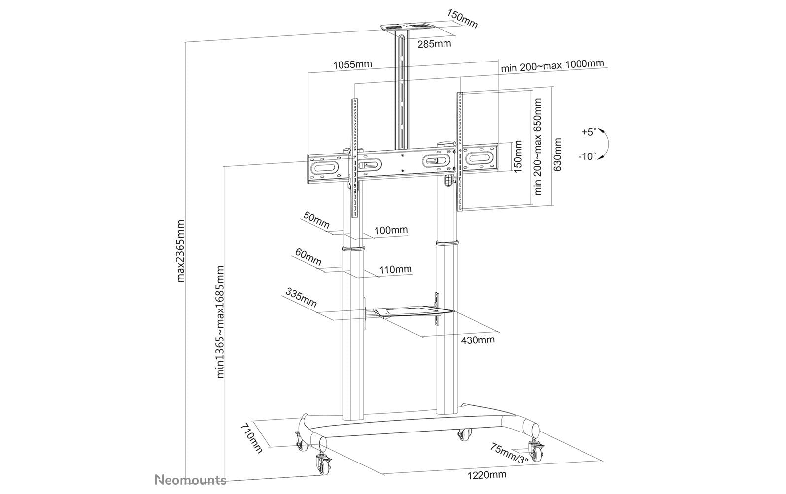 Neomounts PLASMA-M1950E – Trolley, höhenverstellbar, für 60–100", VESA 200×200–1000×600, bis 100 kg, schwarz