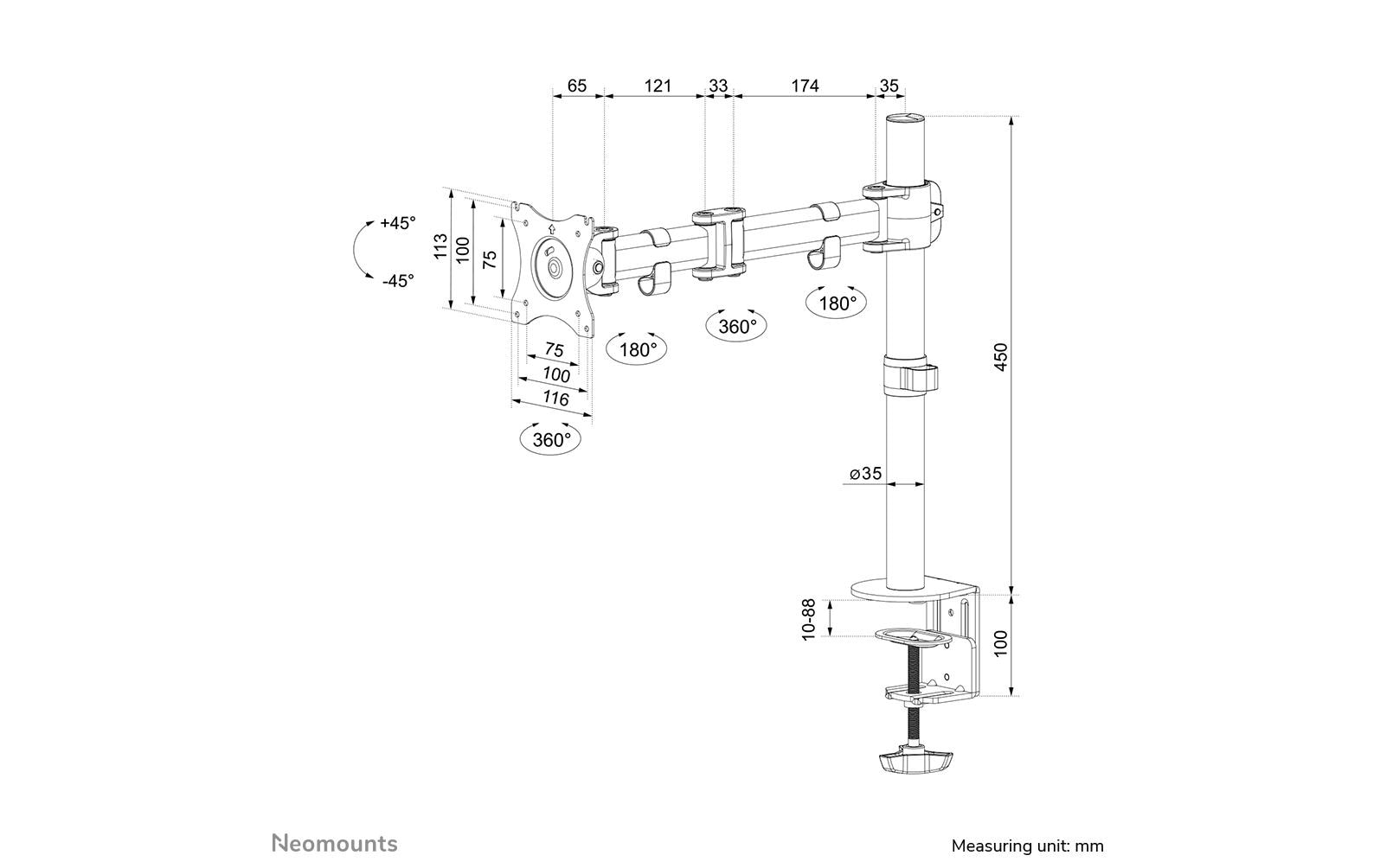 Neomounts Monitorarm, bis 27", VESA 75 × 75/100 × 100 mm, höhenverstellbar, schwenk-/drehbar, schwarz