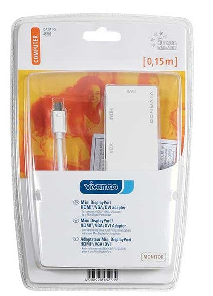 Vivanco 45283 Adapter Mini DisplayPort zu HDMI/DVI-D/VGA – wahlweise (1 Ausgang), 0,15 m, Weiss