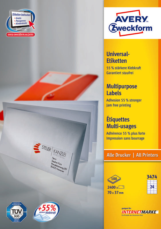 Avery Druckeretiketten, 70 mm × 37 mm, weiss, Papier, permanent, 100 Blätter (2400 Etiketten)