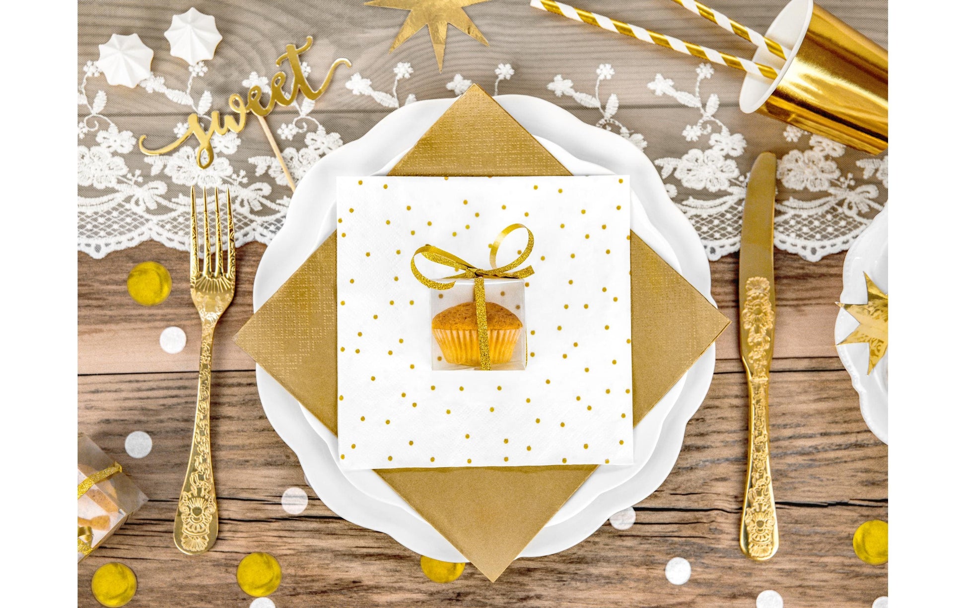 PartyDeco Servietten Punkte, 33 × 33 cm, gold/weiss – 20 Stk.