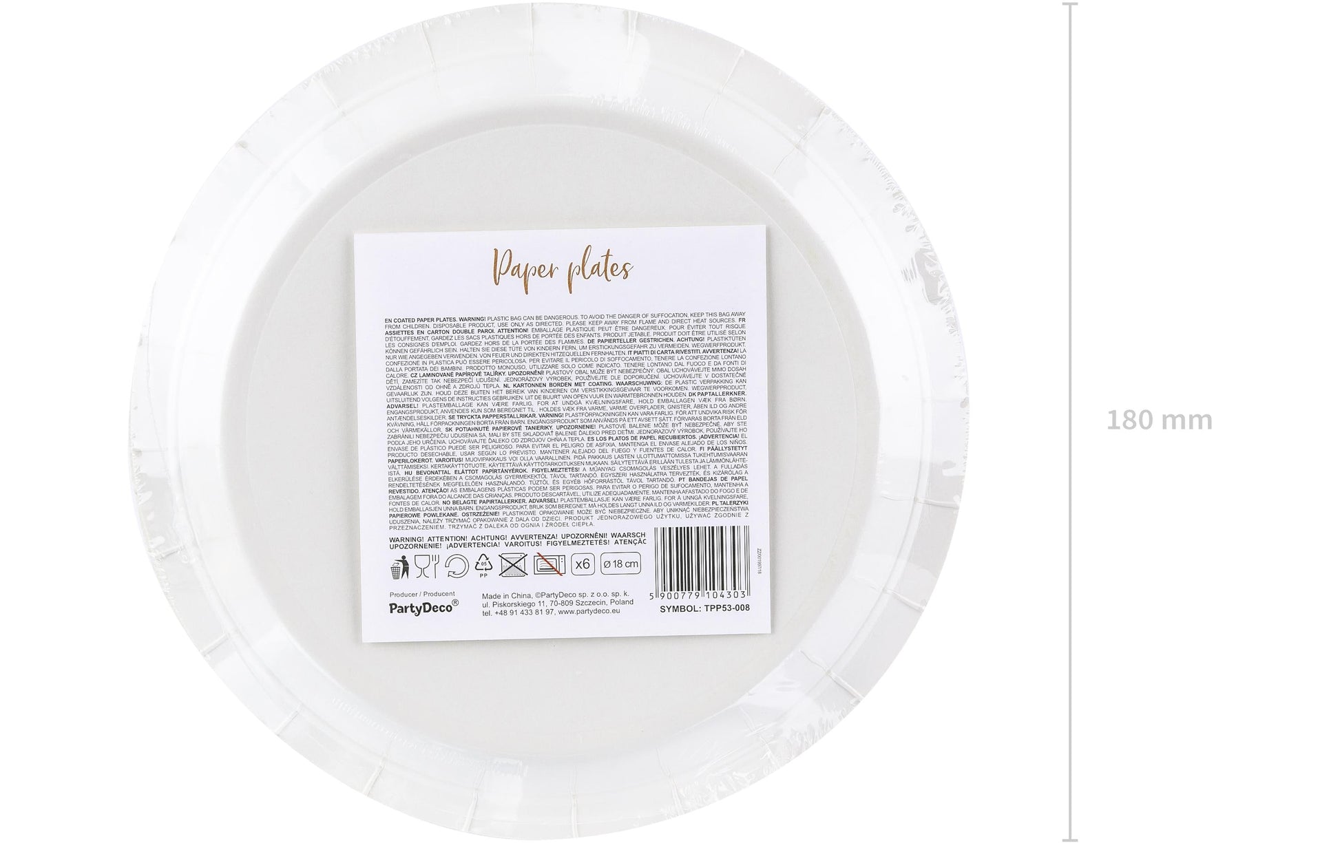PartyDeco Teller, Papier/Karton – Ø 18 cm, weiss, Punkte – 6 Stk.