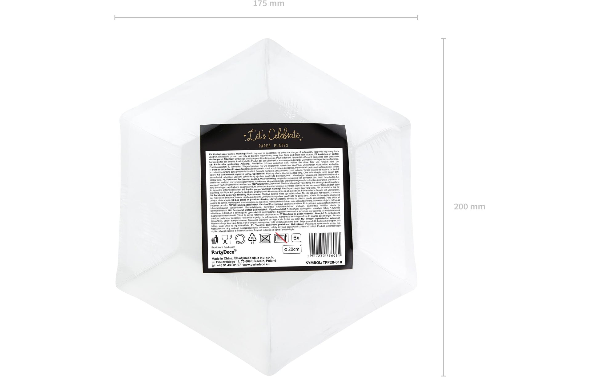 PartyDeco Teller Lets Celebrate, Papier/Karton Sechseck – Ø 20 cm, schwarz – 6 Stk.