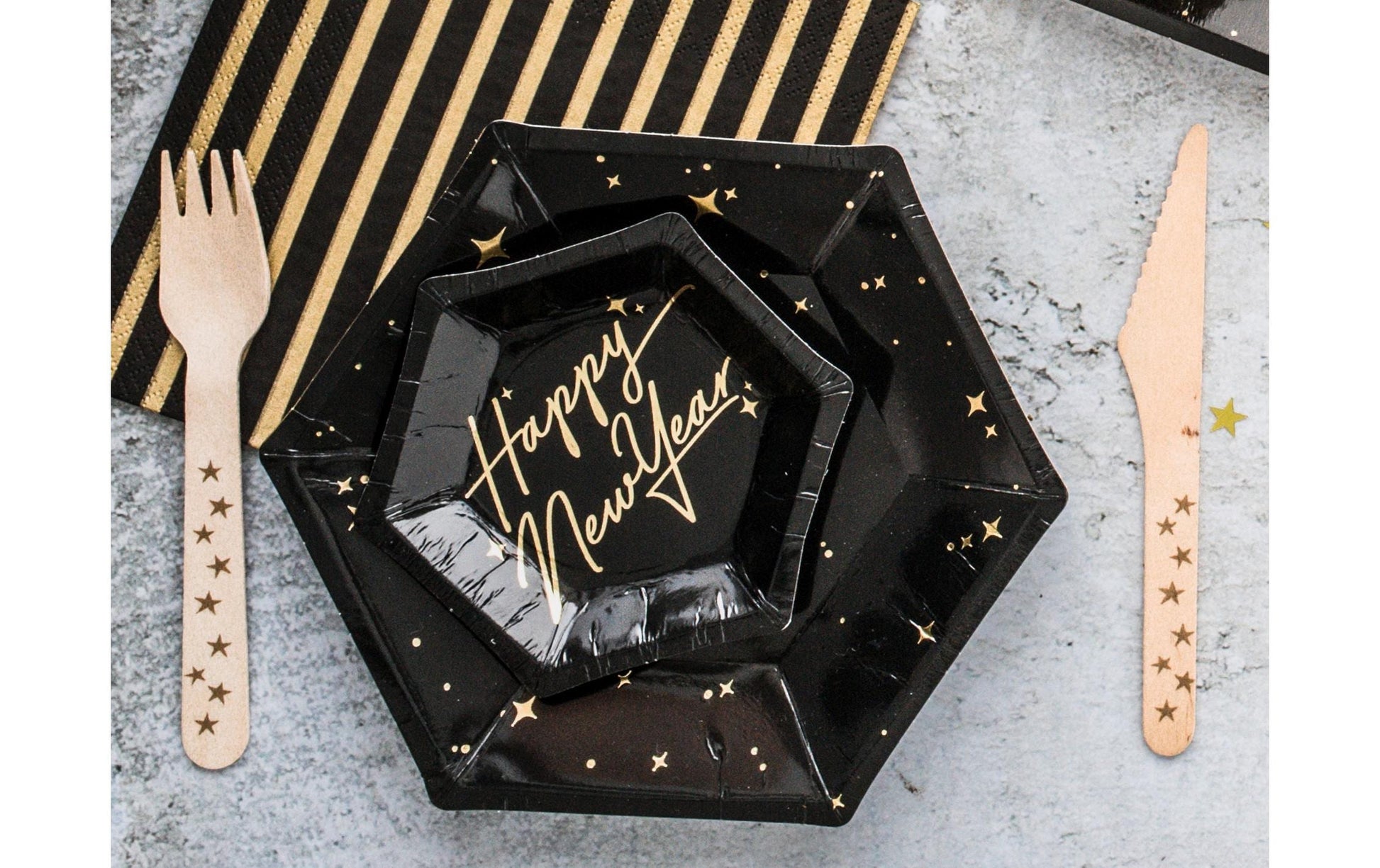 PartyDeco Teller Lets Celebrate, Papier/Karton Sechseck – Ø 20 cm, schwarz – 6 Stk.