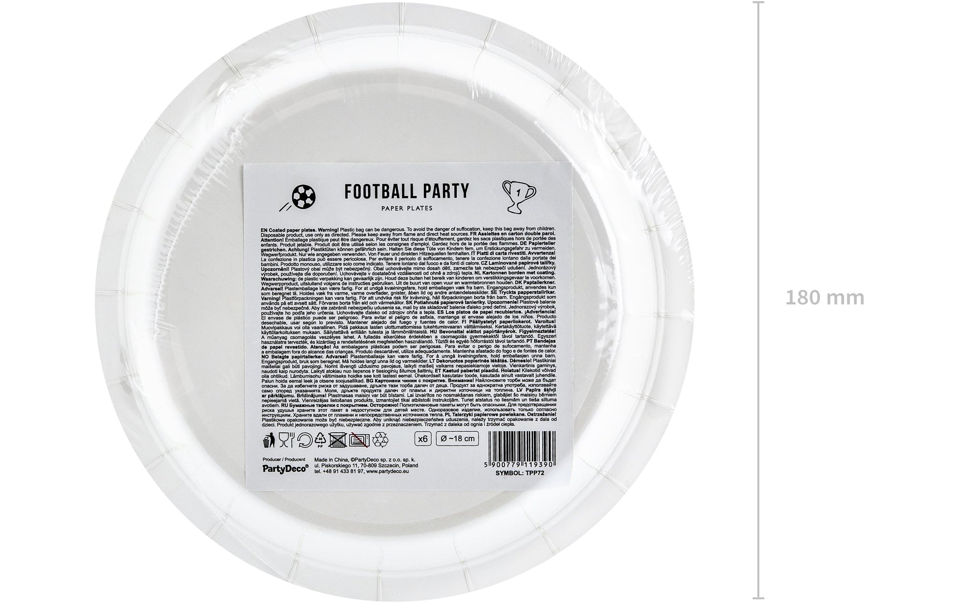 PartyDeco Teller, Papier/Karton – Ø 18 cm, Fussball, Schwarz/Weiss – 6 Stk.
