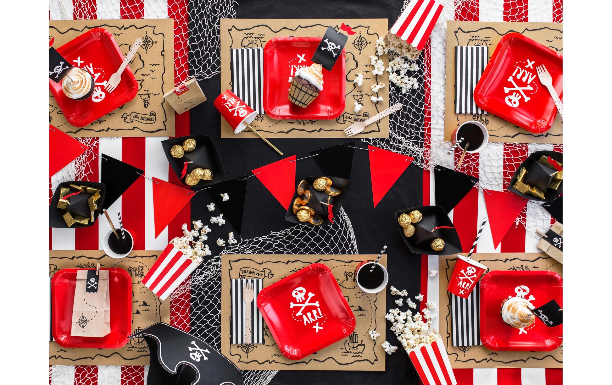 PartyDeco Becher Piraten, Papier/Karton – 2,2 dl, Rot/Weiss – 6 Stk.