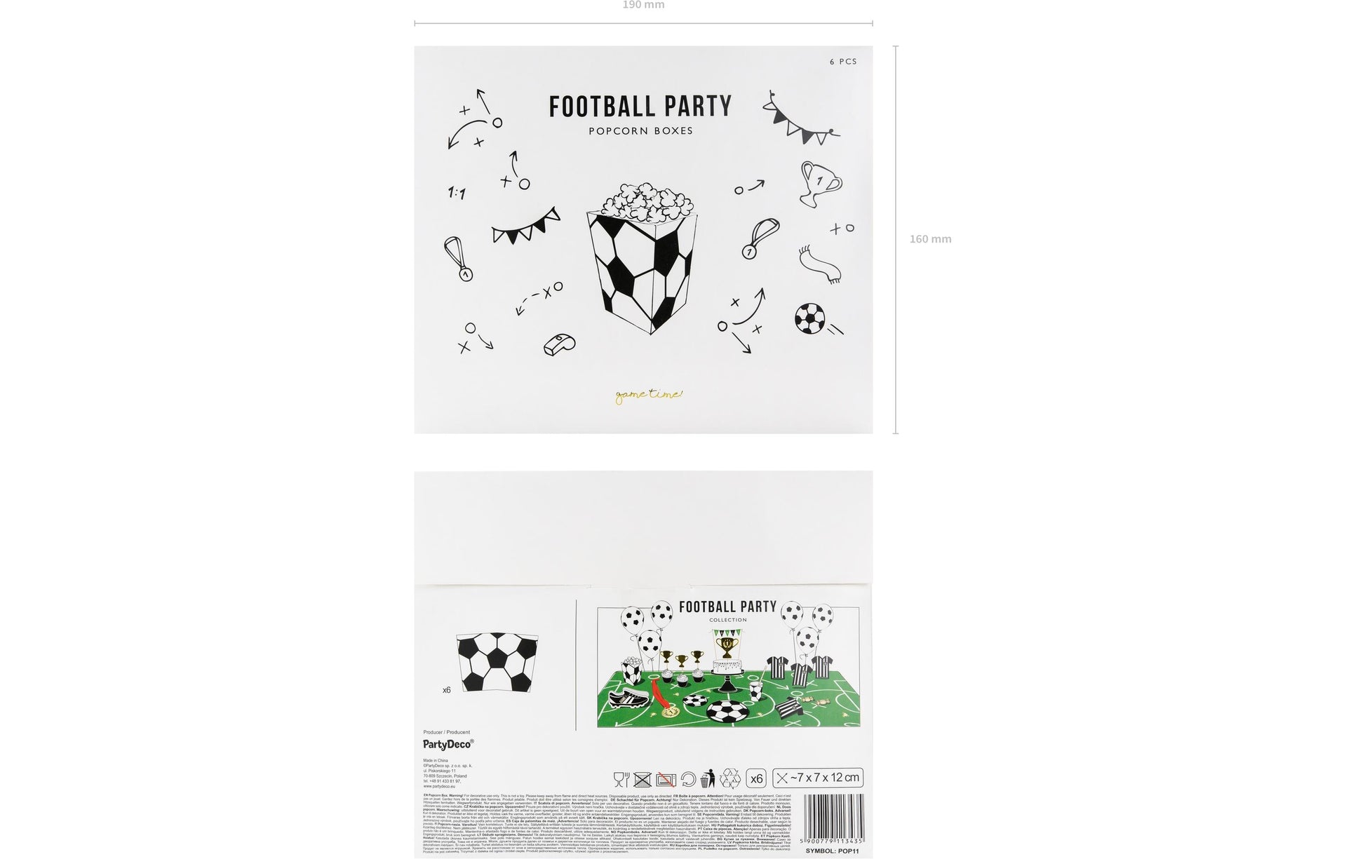 PartyDeco Take-away-Box, Papier – 70 × 70 × 120 mm, Fussball, Schwarz-Weiss – 6 Stk.