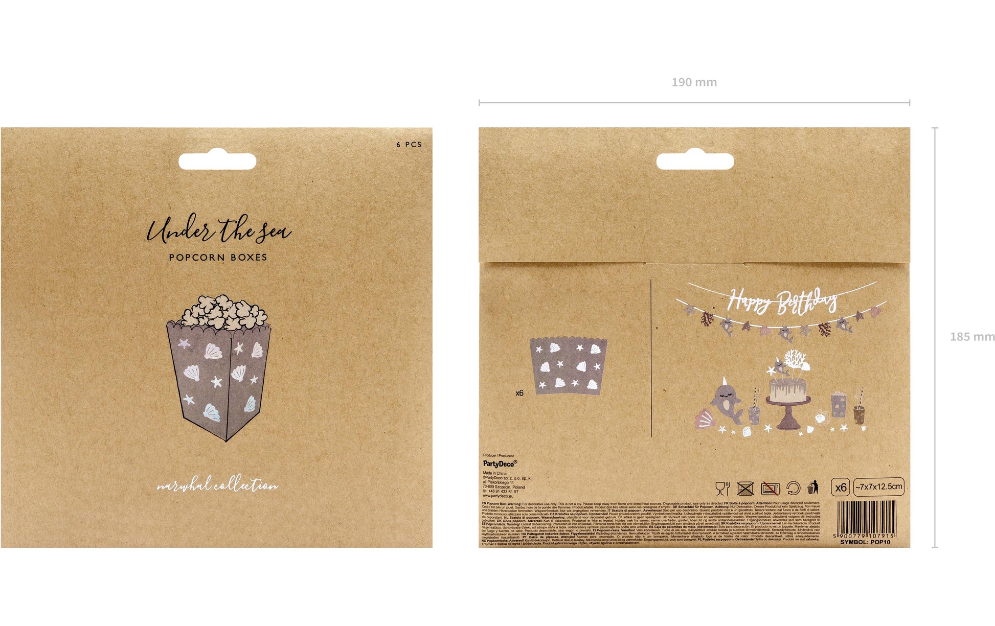 PartyDeco Take-away-Box Narwal, Papier/Karton – 70 × 70 × 125 mm, Blau – 6 Stk.
