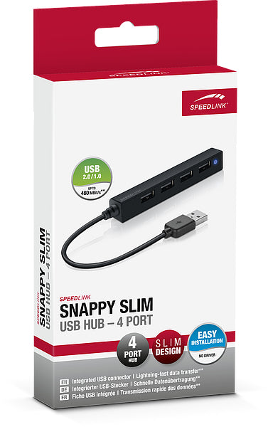 SPEEDLINK SNAPPY SLIM SL140000B USB-Hub – USB 2.0, 4× USB-A, für Windows/Mac