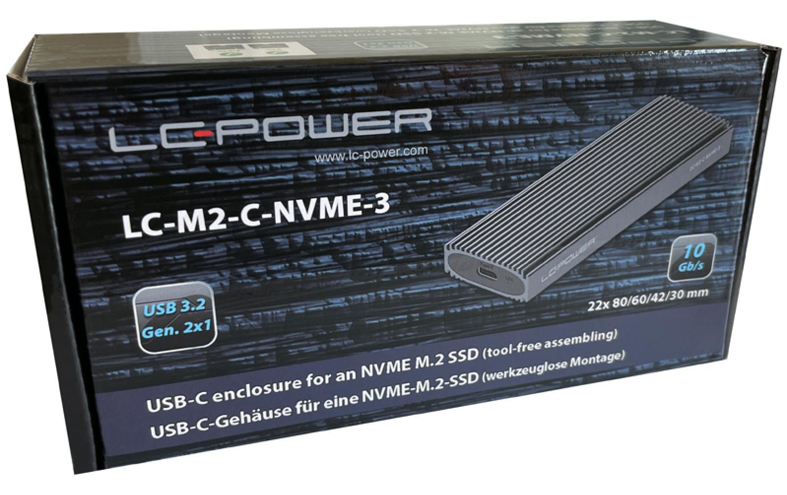 LC-Power LC-M2-C-NVME-3 – 1-Bay Gehäuse, USB-C 10 Gbit/s, für M.2 (22/30/42/60/80 mm)
