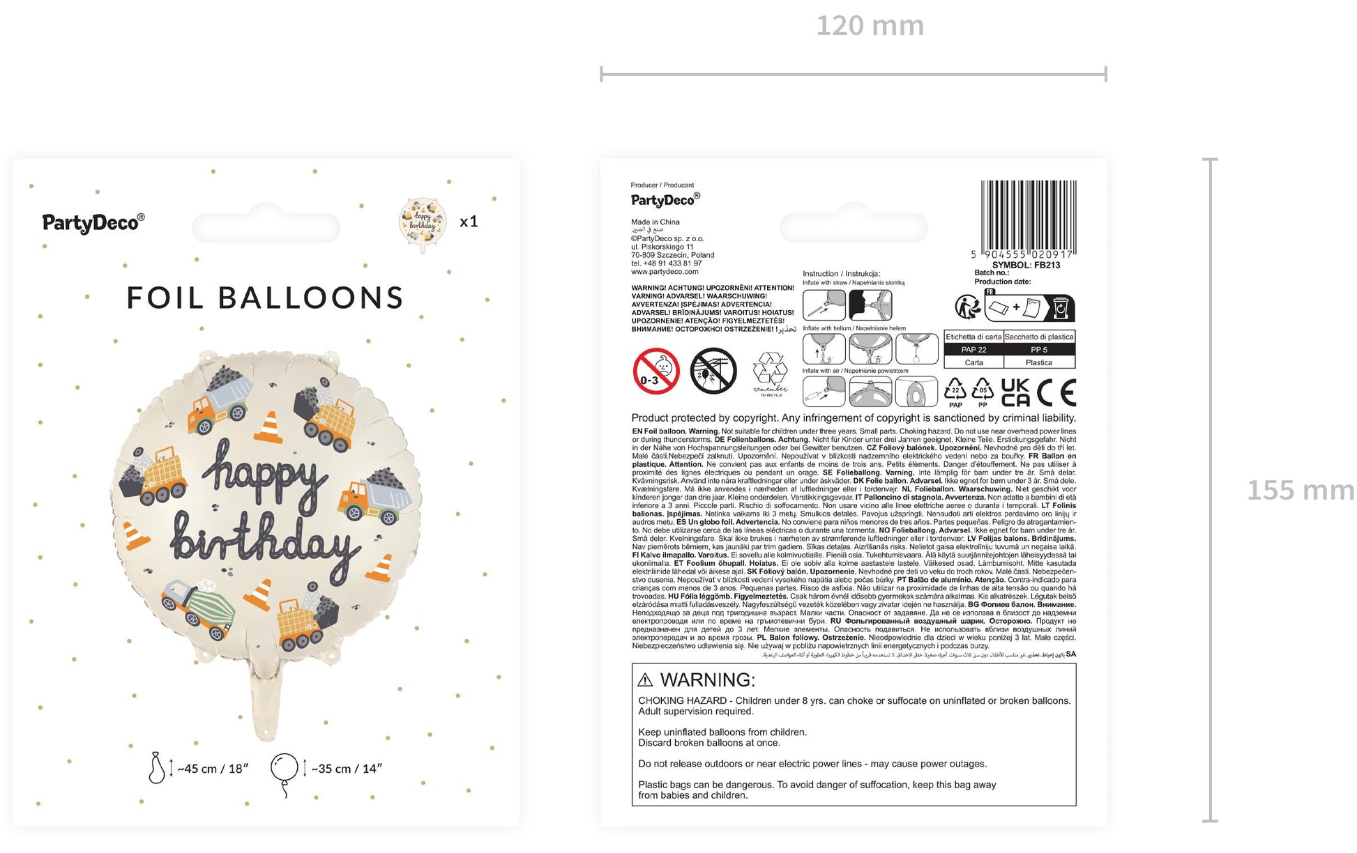 PartyDeco Folienballon Fahrzeug – Mehrfarbig – Ø 45 cm – Folie – 1 Stk
