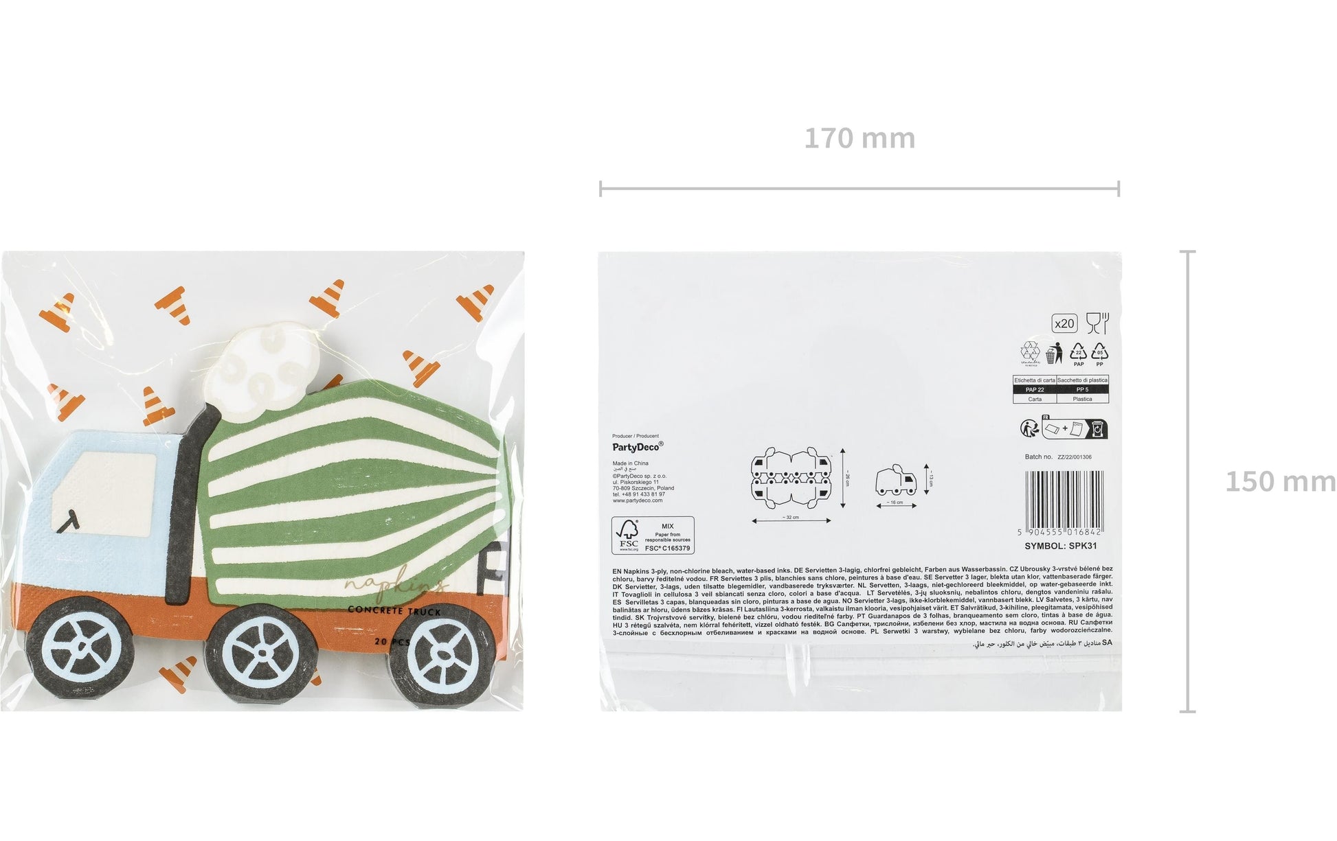 PartyDeco Servietten Baufahrzeuge – mehrfarbig – 16 × 13 cm, 3-lagig – 20 Stück
