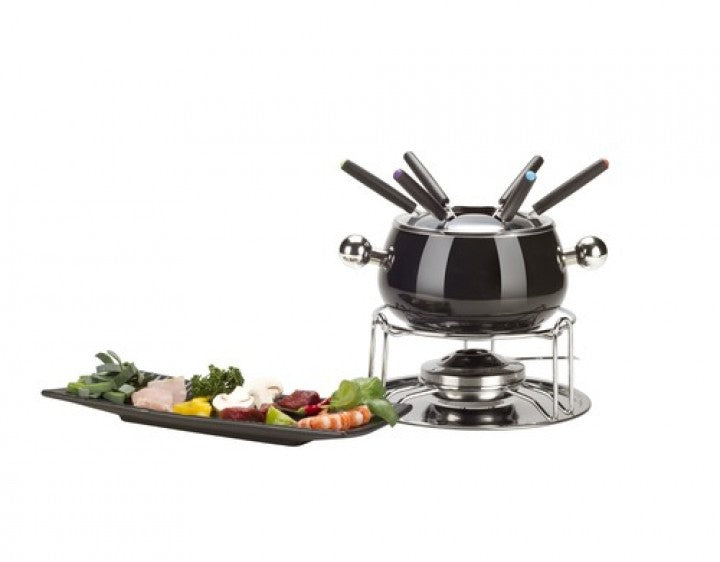 Nouvel Fondue Chinoise-Set 9-teilig, für 6 Personen – mit Pastenbrenner, Stahl-Emaille, für Gas, schwarz