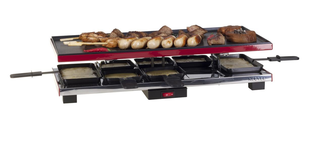 Nouvel Raclette-Gerät 401350 – 8 Personen, Aluguss-Grillplatte, Maxi-Pfännchen, 1400 W – Schwarz/Rot