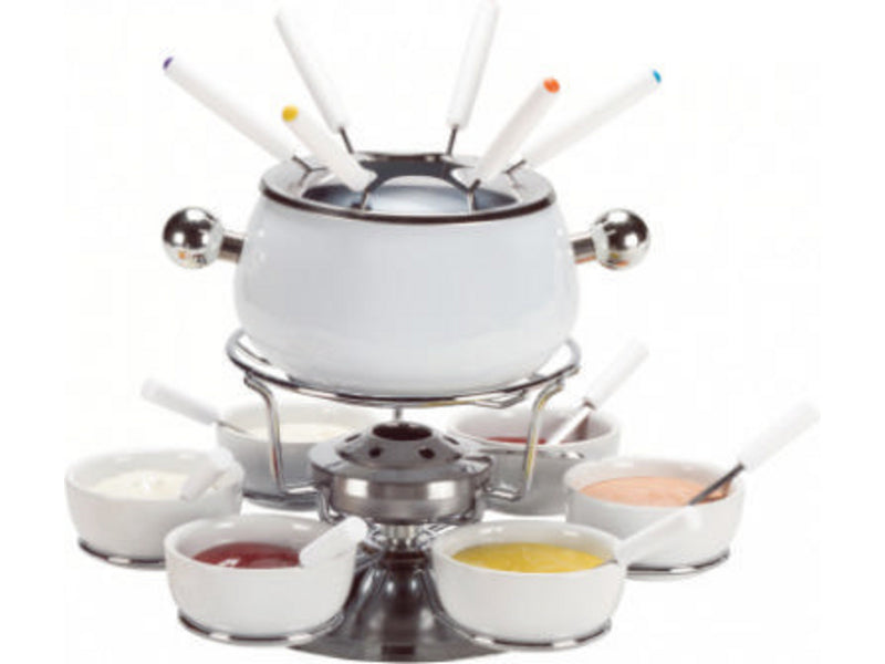 Nouvel Fondue-Set Sarina 400230 – Edelstahl, 1,5 l, 6 Personen – Pastenbrenner – Silber/Weiss