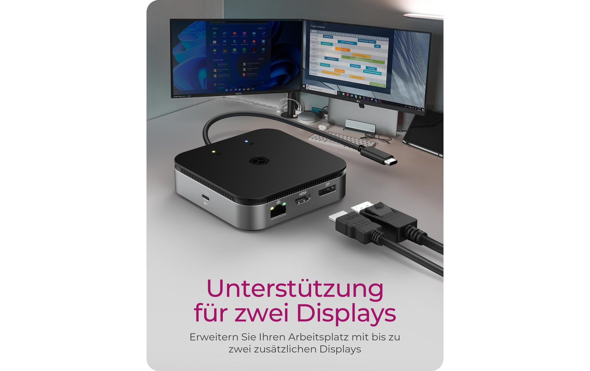 ICY BOX IB-DK408-C41 Dockingstation – USB4, 1× DP, 1× HDMI, 2× USB-A, 1× USB-C, 60 W PD, GbE, für Windows/Mac