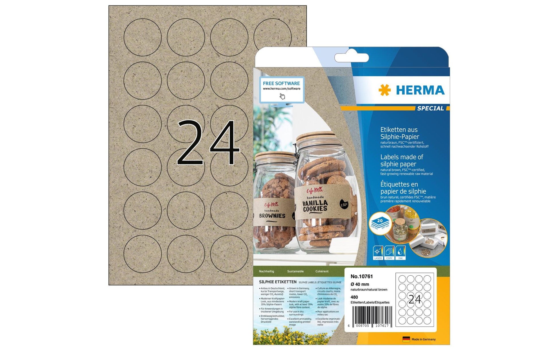 HERMA Druckeretiketten, Ø 40 mm, braun, Papier, permanent, 480 Etiketten (20 Blatt)