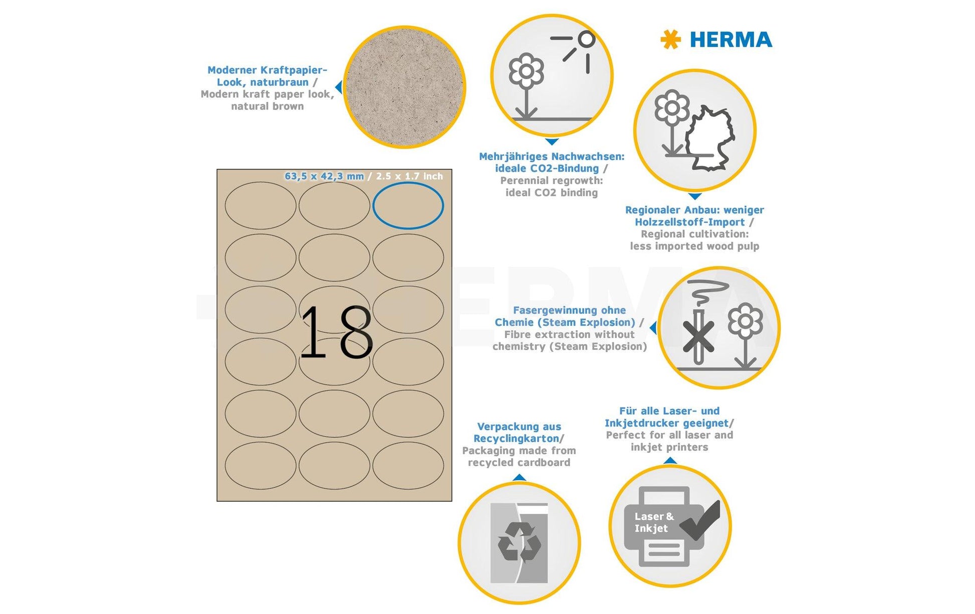 HERMA Drucketiketten, 64 mm × 42 mm, braun, Papier, permanent, 20 Blätter (360 Etiketten)