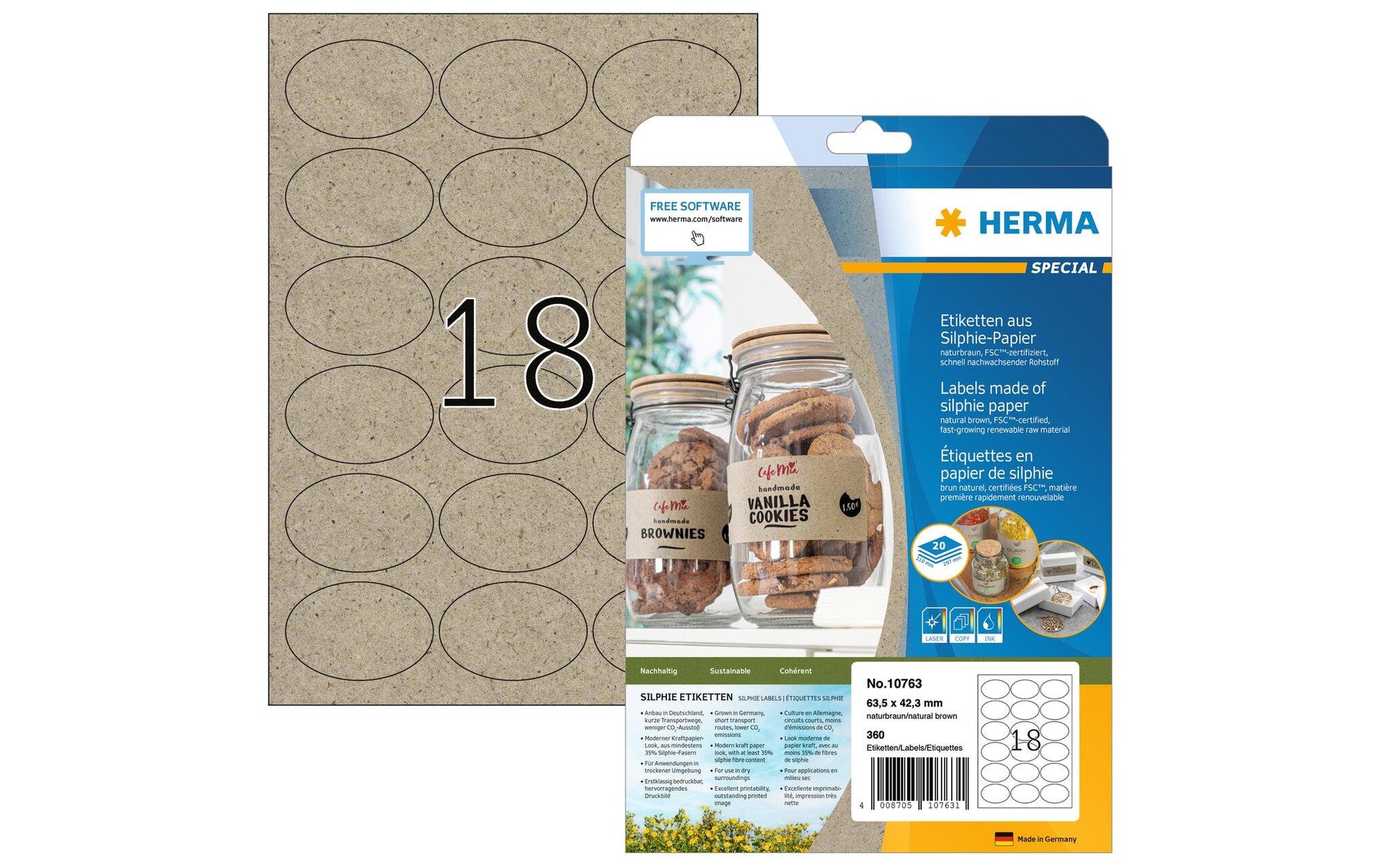 HERMA Drucketiketten, 64 mm × 42 mm, braun, Papier, permanent, 20 Blätter (360 Etiketten)