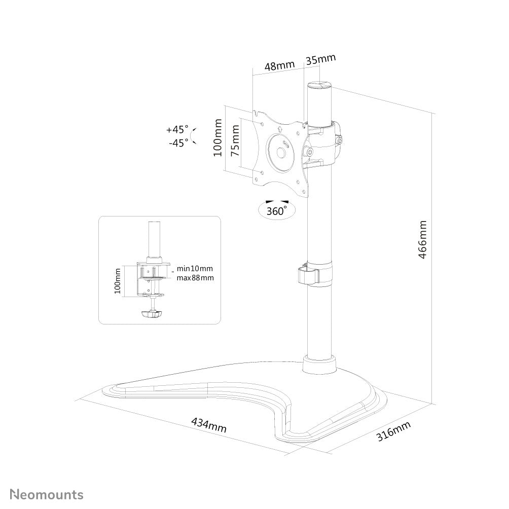 Neomounts NM-D335BLACK – Tischhalterung, Tischklemme, bis 30", VESA 75 × 75 mm, 10 kg, höhenverstellbar