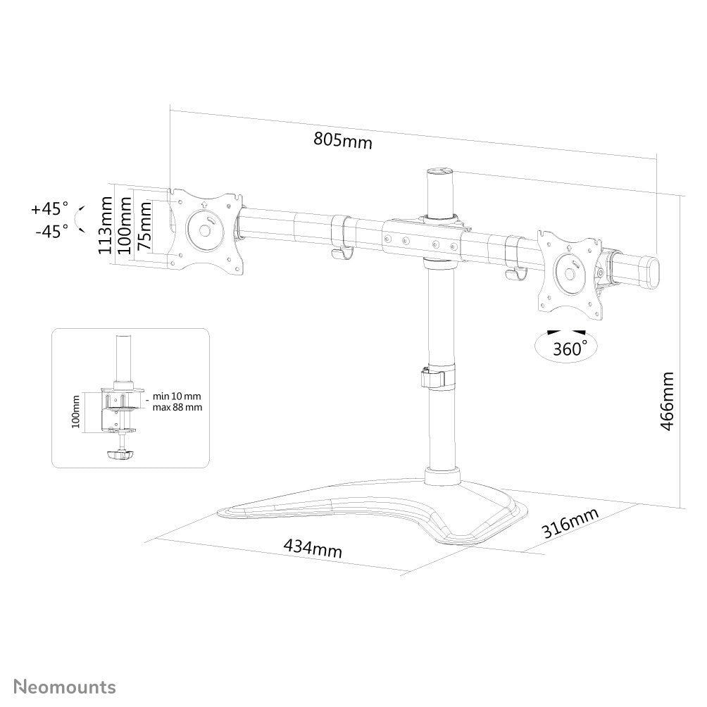 Neomounts Tischhalterung, Dual, bis 27", VESA 75 × 75/100 × 100 mm, 8 kg, höhenverstellbar, schwarz