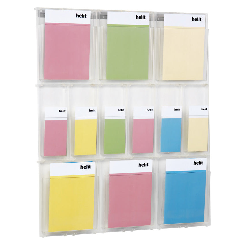 Helit Wandprospekthalter the placativ – für A4 Hochformat, 12 Fächer, transparent, Polystyrol, 852×54×978 mm