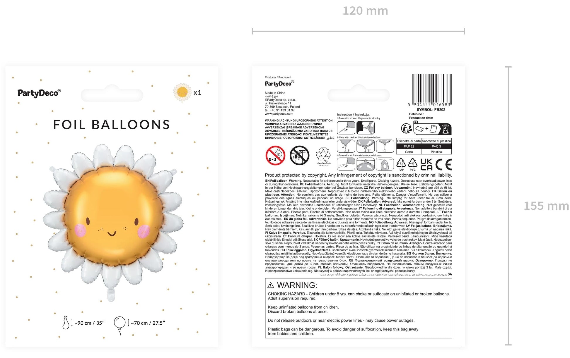 PartyDeco Folienballon Sonne – Ø 90 cm – Folie, Gelb