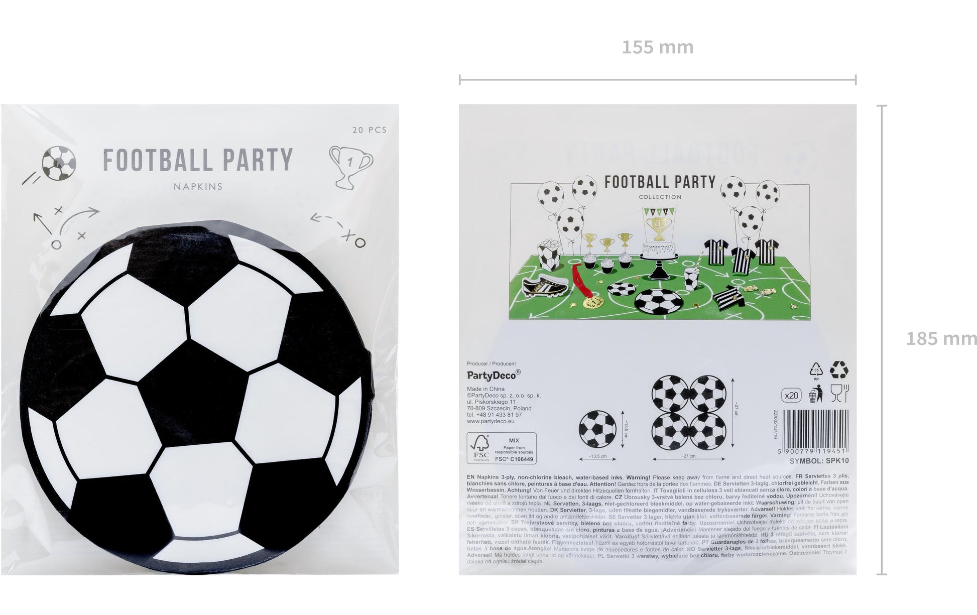 PartyDeco Servietten Fussball Schwarz/Weiss – 27 × 27 cm, 3-lagig – 20 Stück