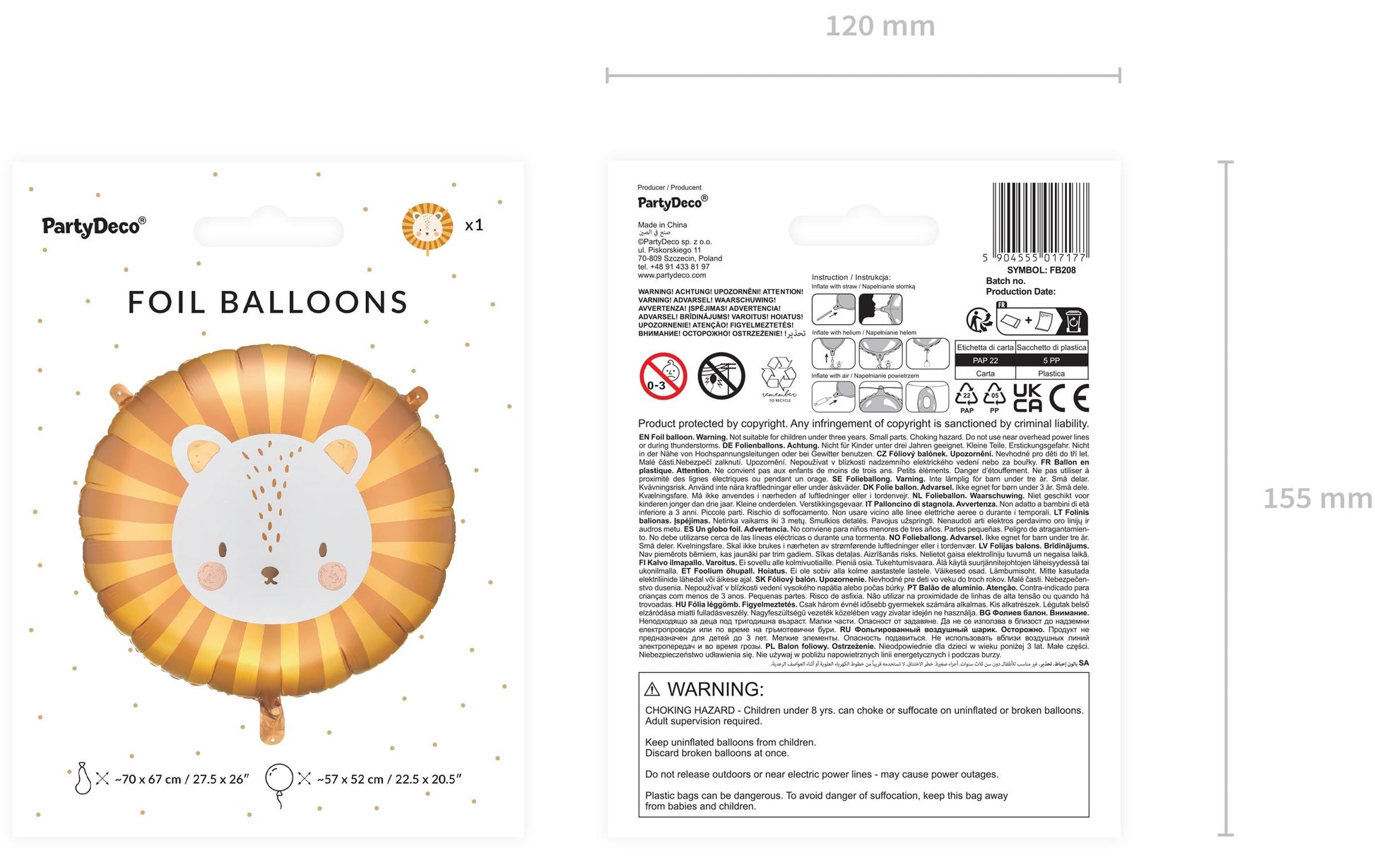 PartyDeco Folienballon Löwe – Gelb – 70 × 67 cm – 1 Stk