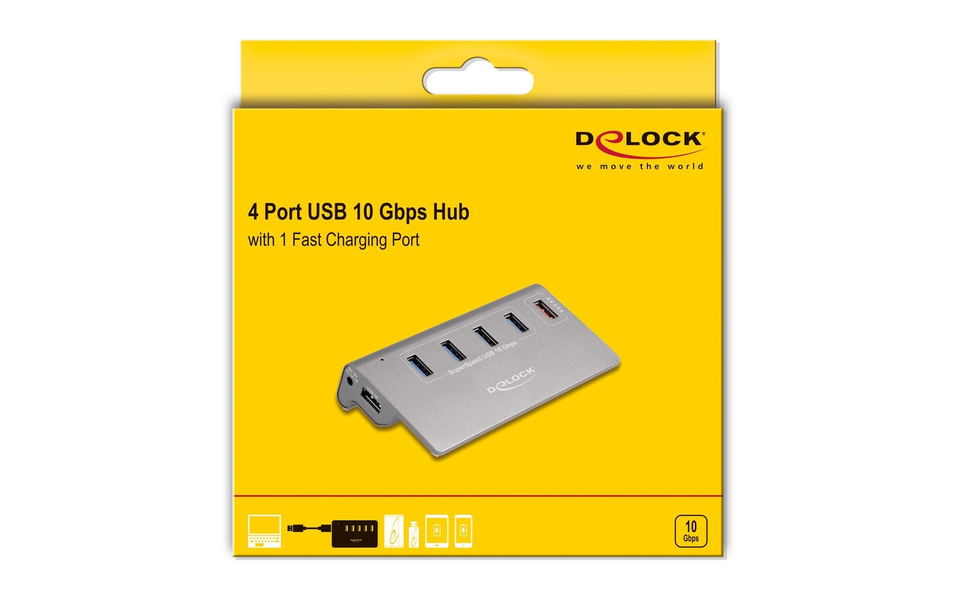 DeLOCK USB-Hub – USB-A, 4× 10 Gbit/s, 1× Schnellladeport, für Windows/Mac/Linux
