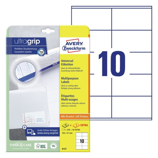 AVERY Zweckform 6137 – Etiketten A4 105 × 57 mm – Papier, weiss – permanent haftend – Laser/Inkjet