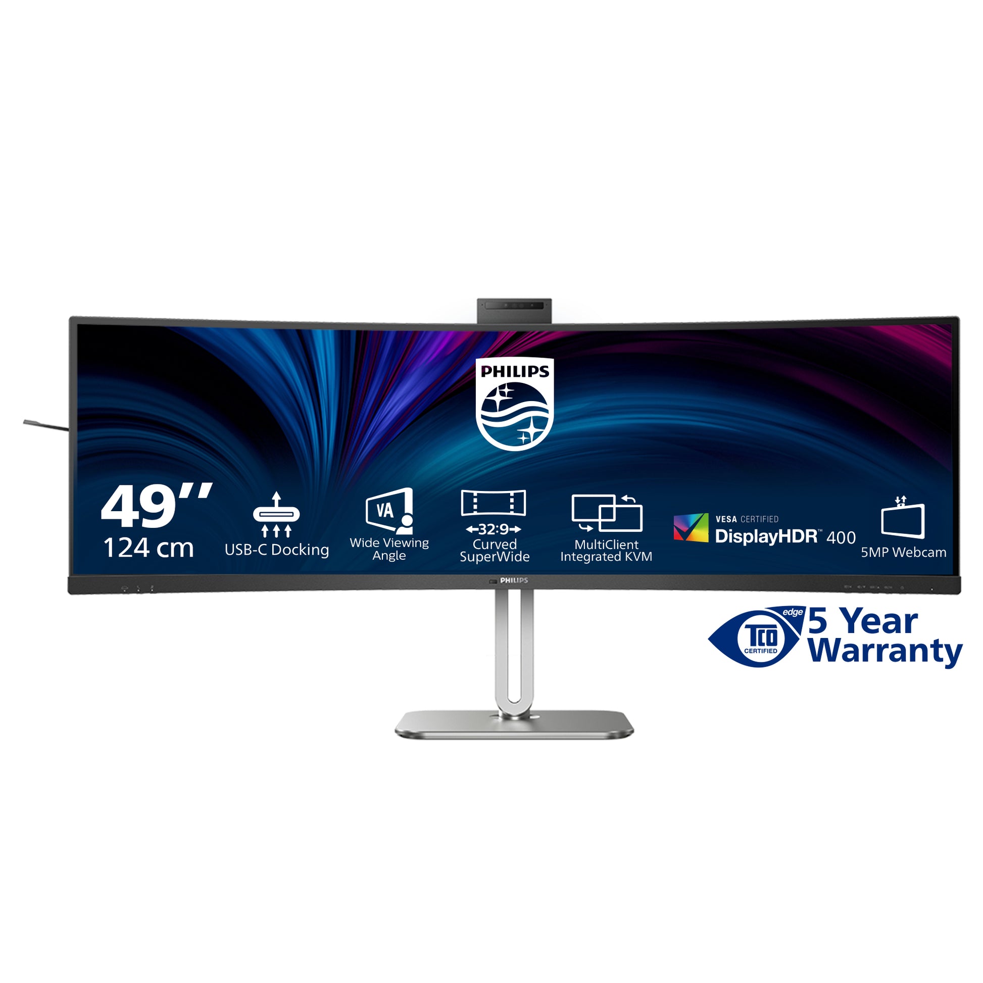 Philips 49B2U5900CH/00 – Monitor, 48,8", 450 cd/m², Gebogen, Webcam, KVM, USB-C, VESA 100 × 100, Schwarz