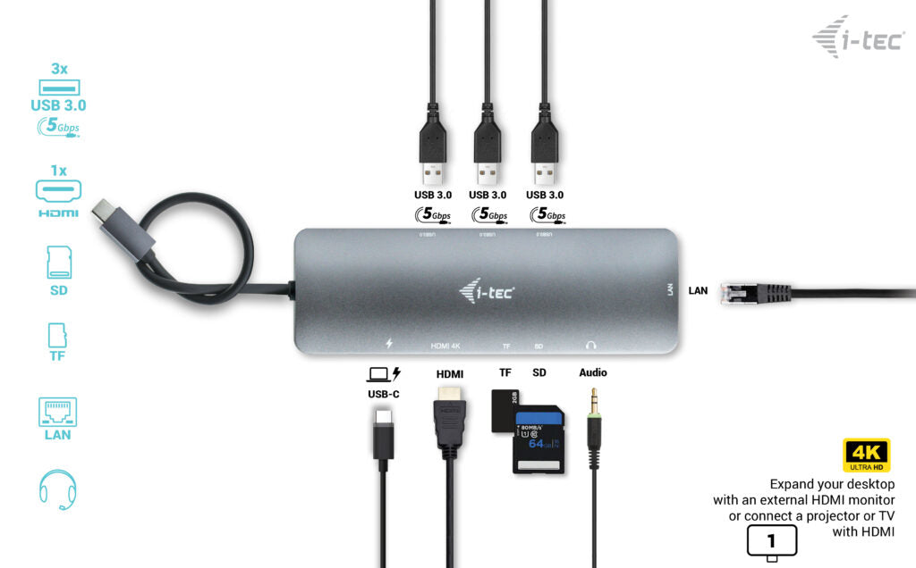 i-tec MetalNano Dockingstation – USB-C, 1× HDMI, 3× USB-A, 100 W PD, GbE, SD/microSD, für Windows/Mac/Linux