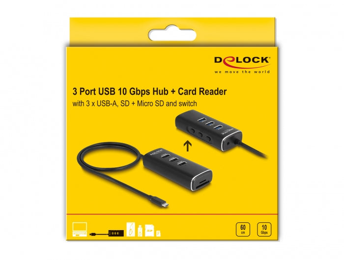 DeLOCK USB-Hub – USB-C (10 Gbit/s), 3× USB-A, SD/microSD, für Windows/Mac/ChromeOS