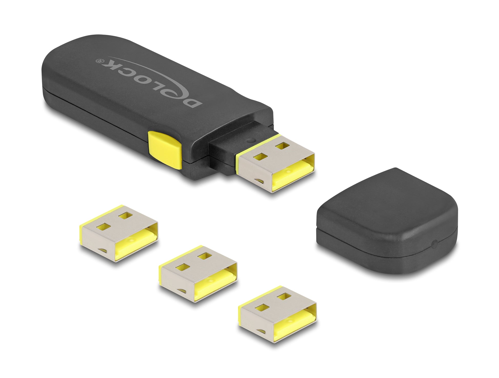 DeLOCK USB-Portblocker Set – mit Schlüssel – Schwarz/Gelb – für USB-A – 4 Stk