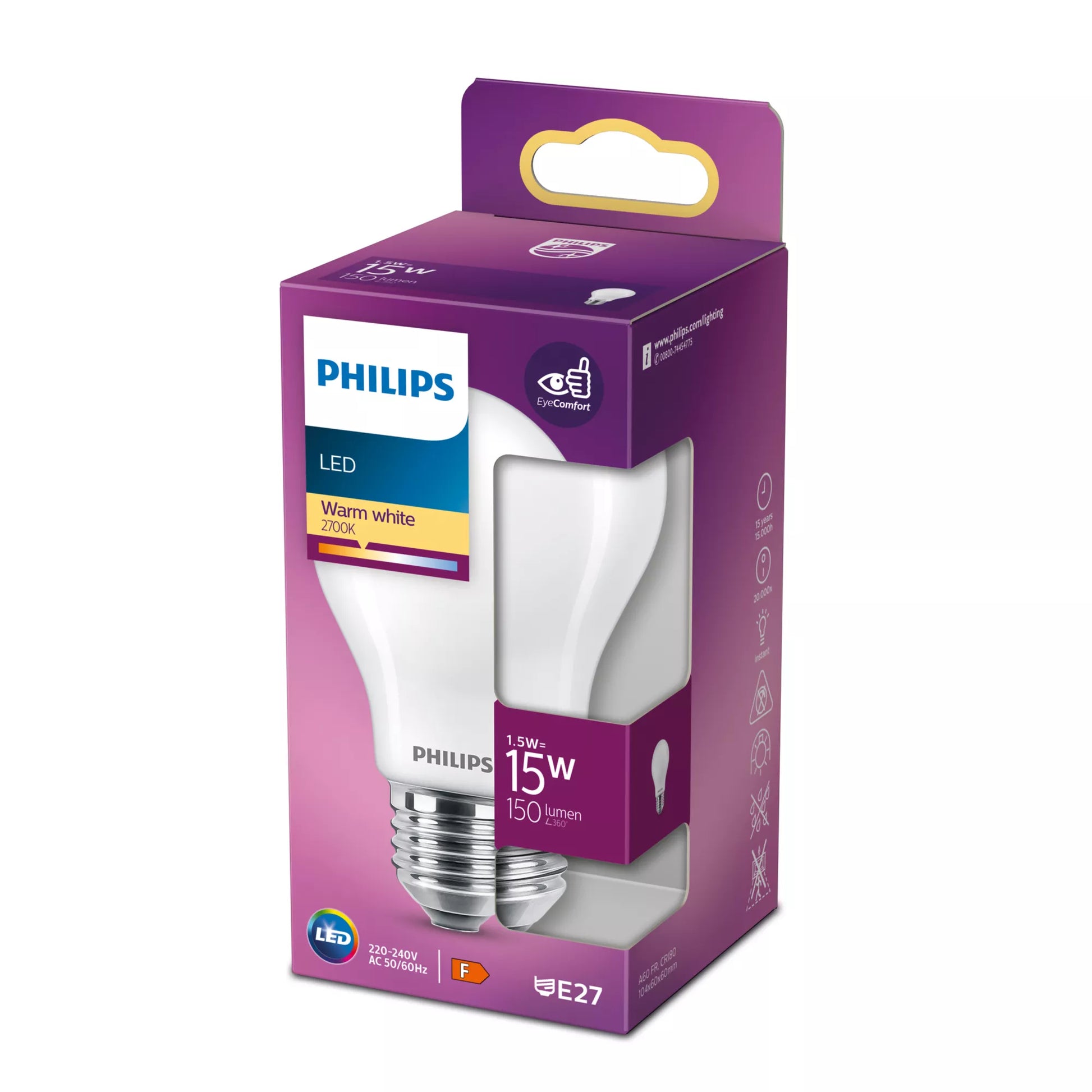 Philips by Signify Philips LED-Leuchtmittel E27 A60 – Warmweiss 2700 K, 150 lm, 1,5 W – 1 Stk. – Weiss, Glas