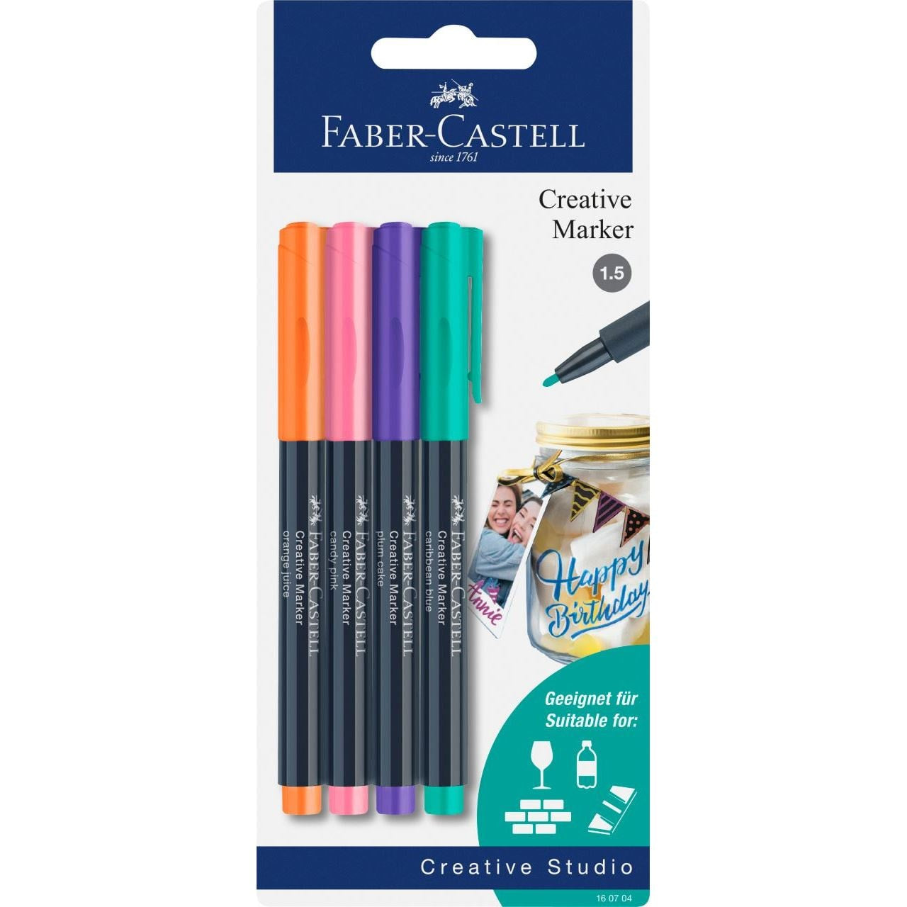 Faber-Castell Non-Permanent Marker Creative – Rundspitze 1,5 mm – Sortiert – 4er-Set – Trocken abwischbar
