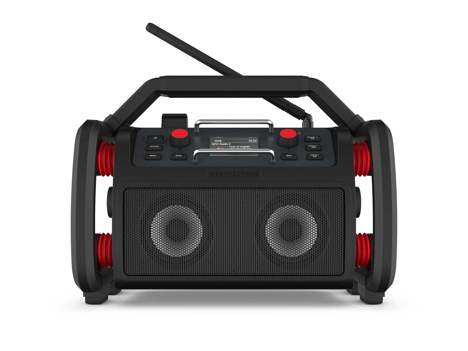Perfectpro Rockpro – Baustellenradio – DAB+, UKW, Bluetooth, IP65, Akkubetrieb – Schwarz, Rot