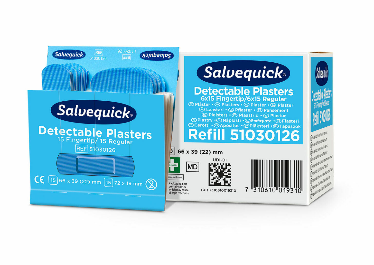 Cederroth Salvequick Fingerkuppen-Pflaster Nachfüllpackung – detektierbar – sortiert – 6 × 30 Stk.