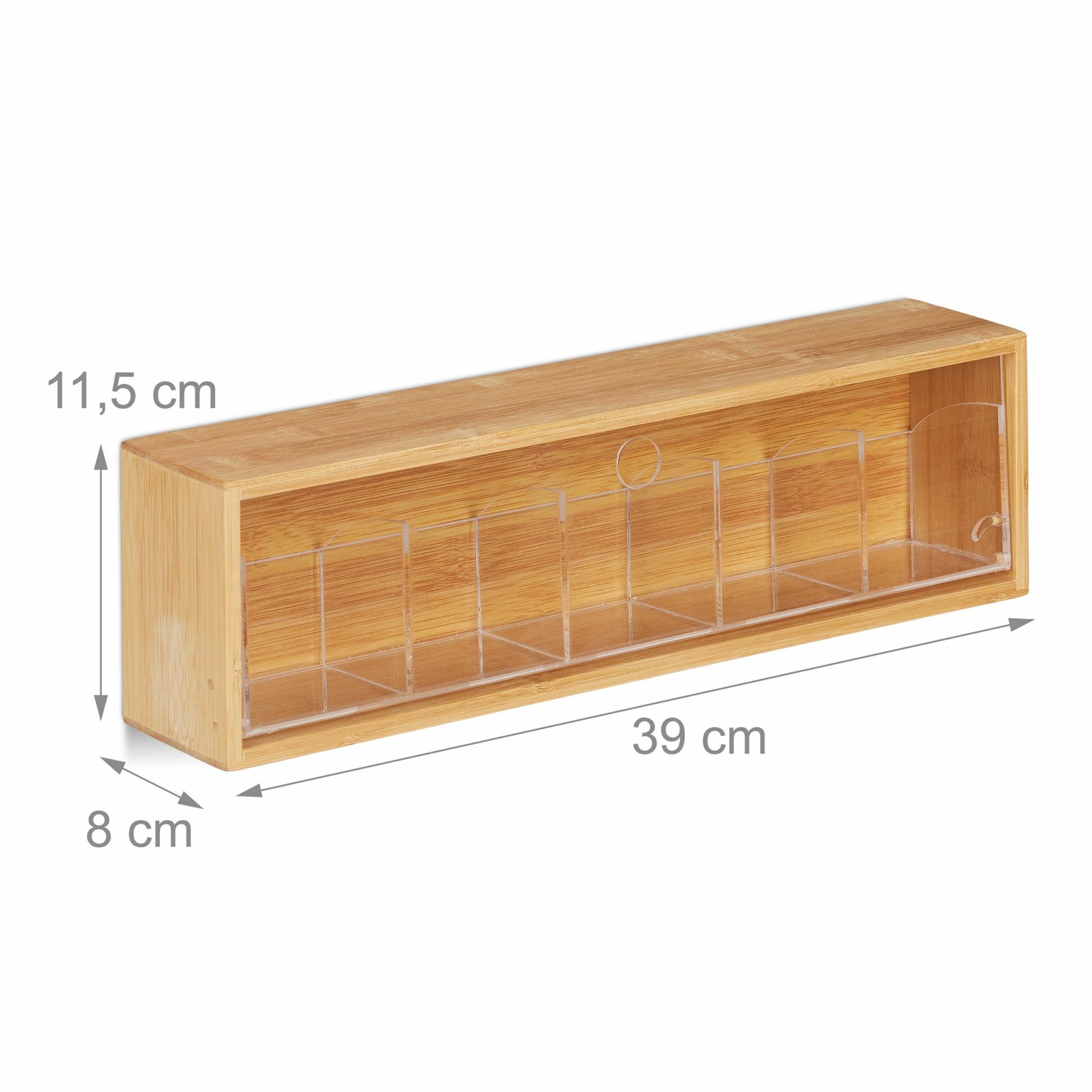 Relaxdays Teebeutelbox Bambus/Kunststoff, 5 Fächer, 39 × 8 × 11,5 cm, natur