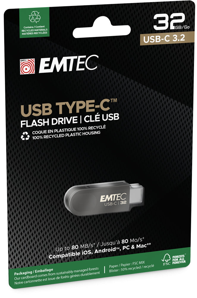 Emtec C280 USB-Stick – 32 GB, USB 3.2, Gehäuse aus 100% recyceltem Kunststoff; drehbarer Verschluss