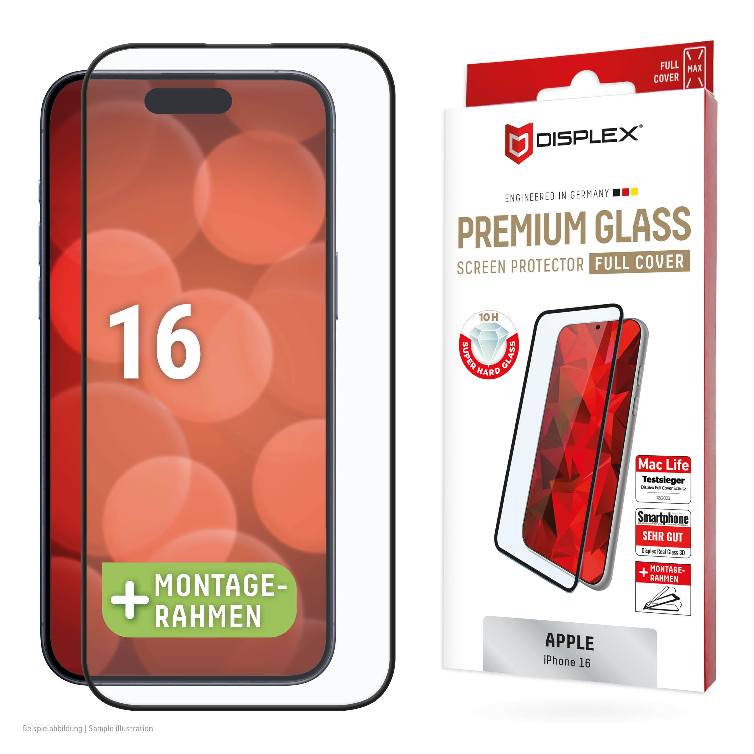 Displex Displayschutz (Panzerglas), Full Cover – für iPhone 16 – mit Applikator