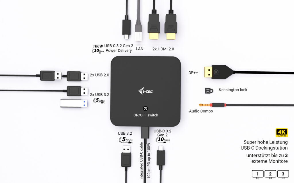 i-tec Dockingstation – USB-C, 1× DP, 2× HDMI, 5× USB-A, 100 W PD, GbE, 3,5 mm Audio, für Windows/Mac/Linux