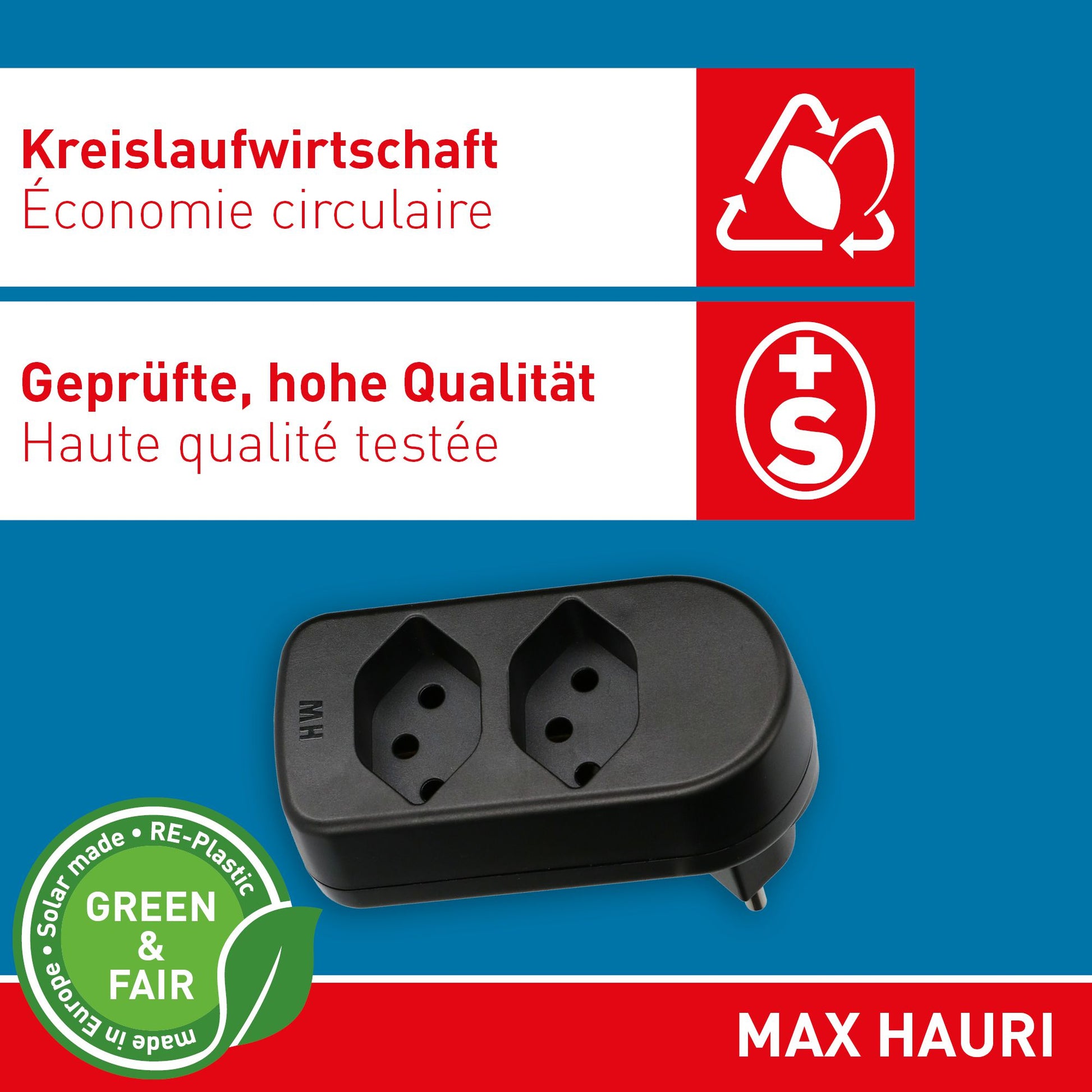 Max Hauri AG Max Hauri ADAPT 176504 Abzweigstecker T12 zu 2× T13 – 230–250 V, 10 A, 2-fach, drehbar 320°, Schwarz